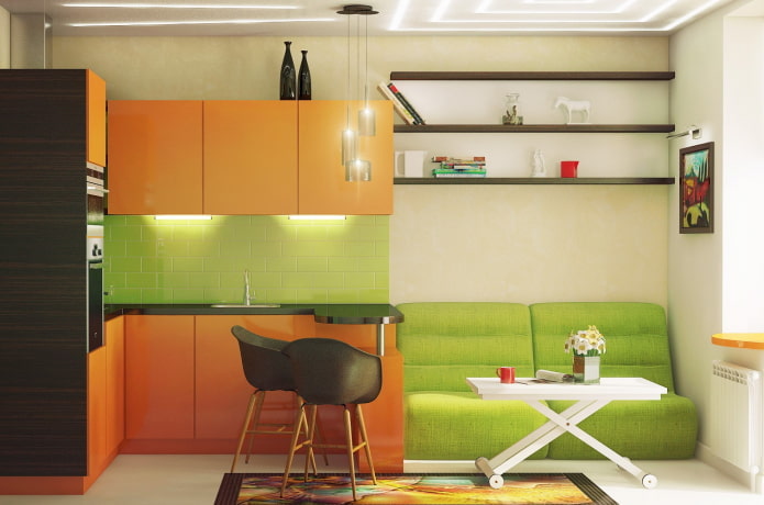 interno della cucina nei toni dell'arancione e dell'insalata