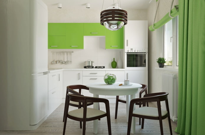 illuminazione e decorazioni per l'interno della cucina nei toni dell'insalata