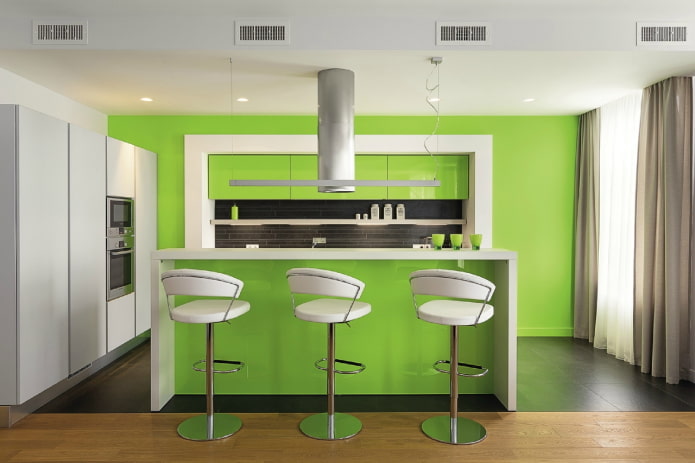 mobili ed elettrodomestici nell'interno della cucina nei toni del verde chiaro