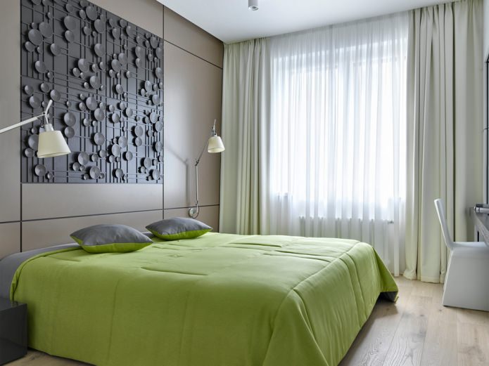 interno della camera da letto grigio e verde chiaro