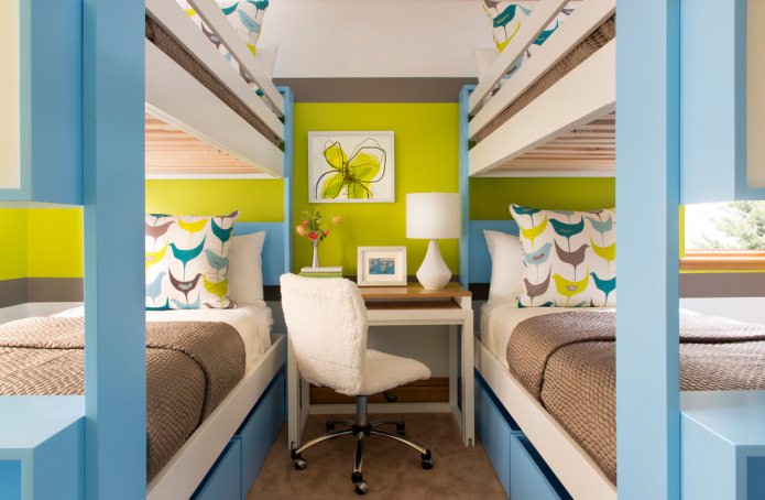 Interno della cameretta per bambini verde chiaro e blu