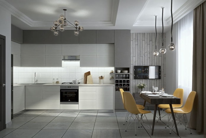 mobili ed elettrodomestici nell'interno della cucina nei toni del grigio