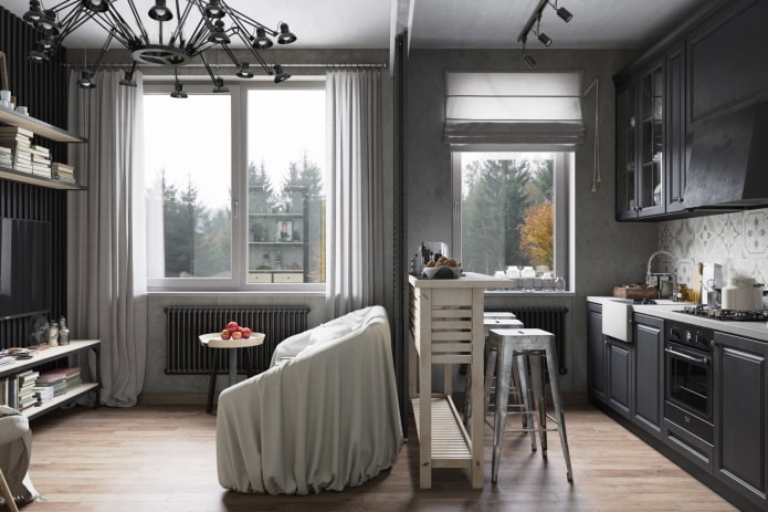 tende all'interno della cucina nei toni del grigio