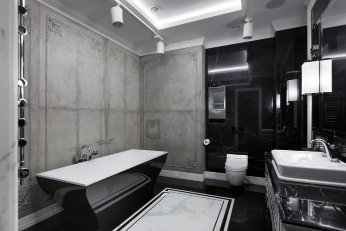 interno del bagno nei toni del nero e del grigio