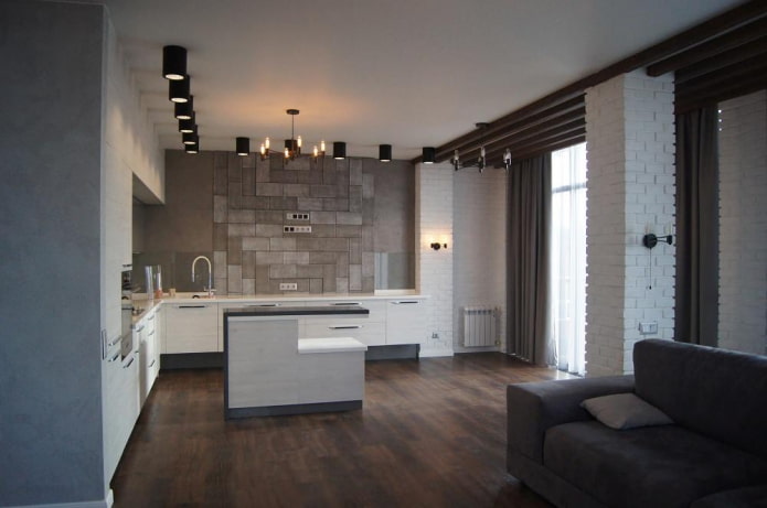 cucina in stile loft con diversi tipi di mattoni