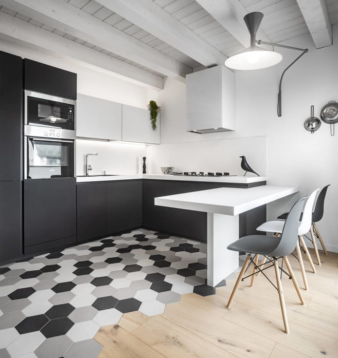 bella combinazione di piastrelle e legno sul pavimento di una cucina grigia e bianca