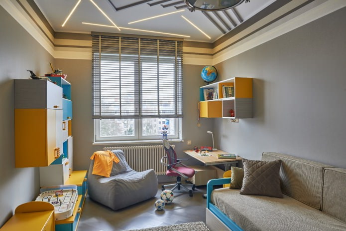design degli interni della cameretta grigia per bambini