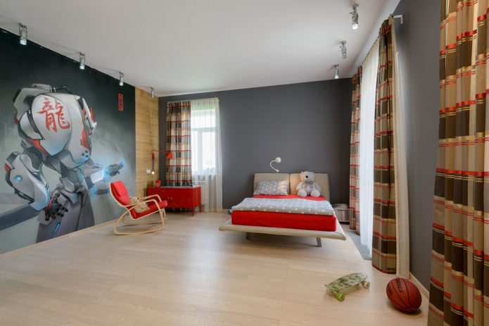 pareti grigie con carta da parati fotografica nella cameretta dei bambini