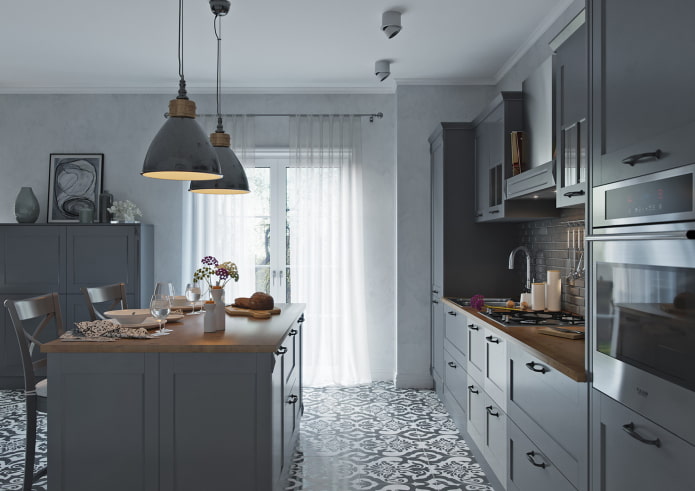 interno della cucina nei toni del grigio