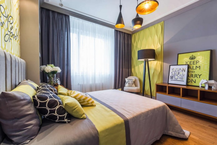 design degli interni nei toni del grigio e del giallo