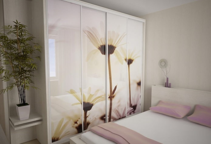armadio con facciata con stampa fotografica all'interno della camera da letto