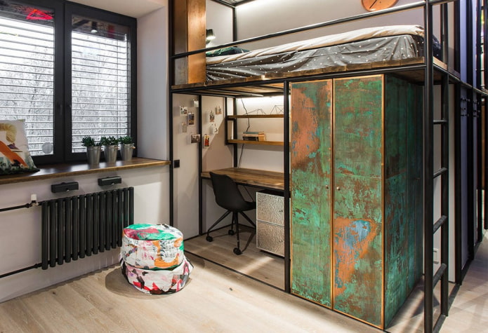 armadietto all'interno di una cameretta per bambini in stile loft