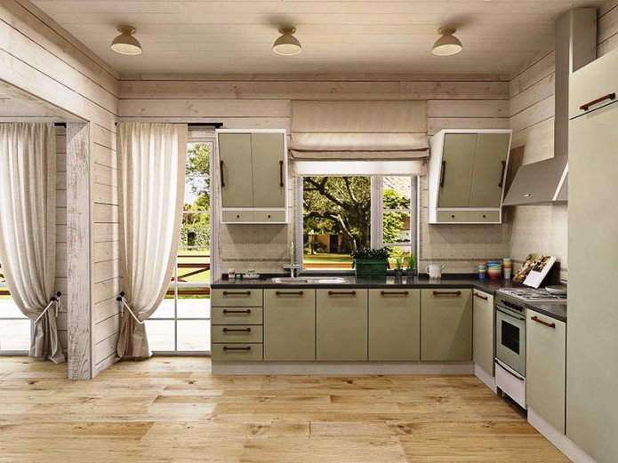 cucina in stile country con tende alla romana