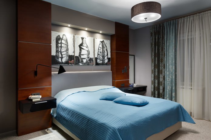 interno della camera da letto turchese e marrone con tende doppie e tulle