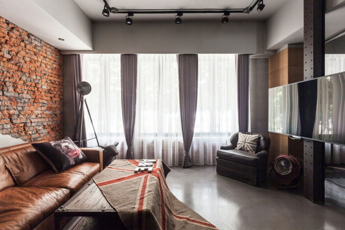 tende con clip in soggiorno in stile loft