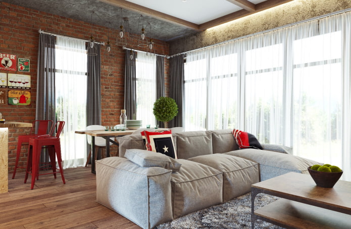 tende in voile in un soggiorno in stile loft