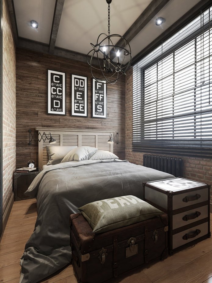 tende nella camera da letto in stile loft