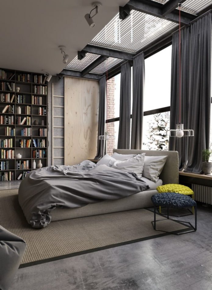 tende nella camera da letto in stile loft