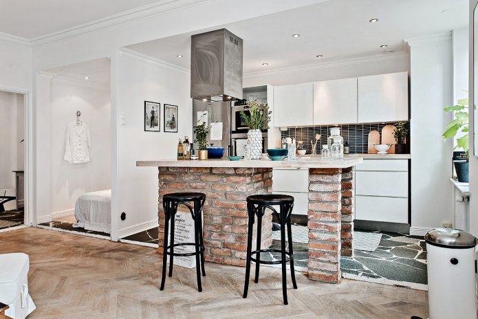 Progetto di design di una cucina-soggiorno in stile scandinavo