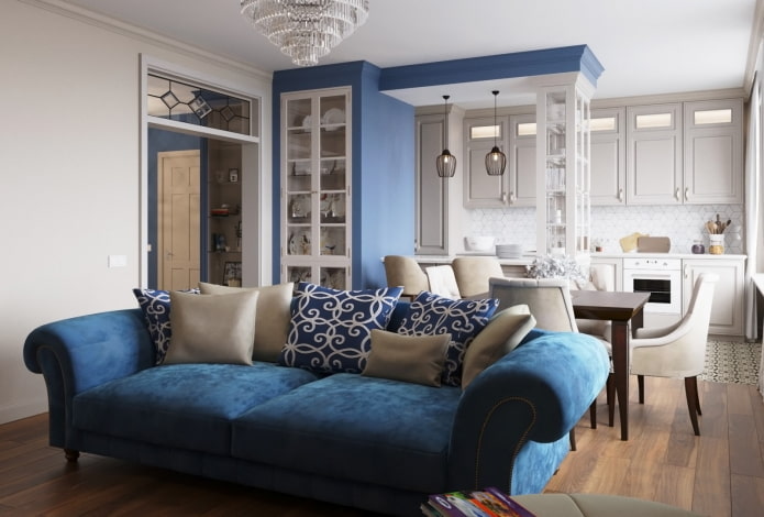interno cucina-soggiorno nei toni del blu