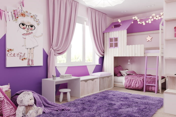 stanza viola con letto a forma di casa
