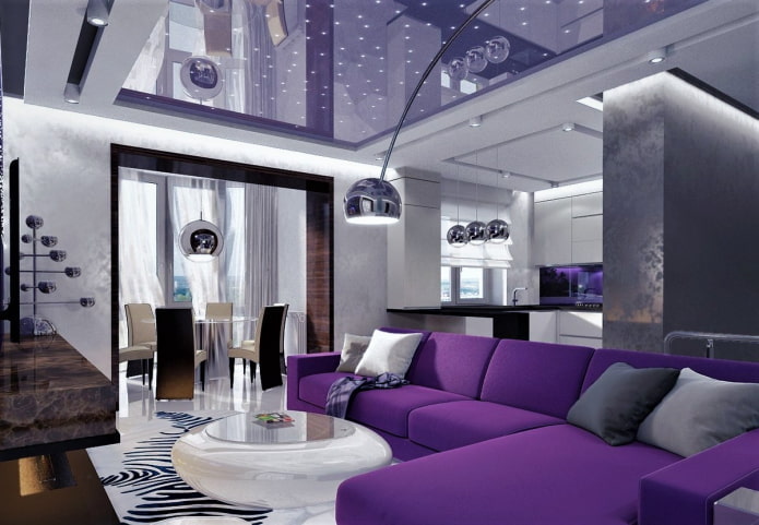 soffitto color lavanda in cucina-soggiorno