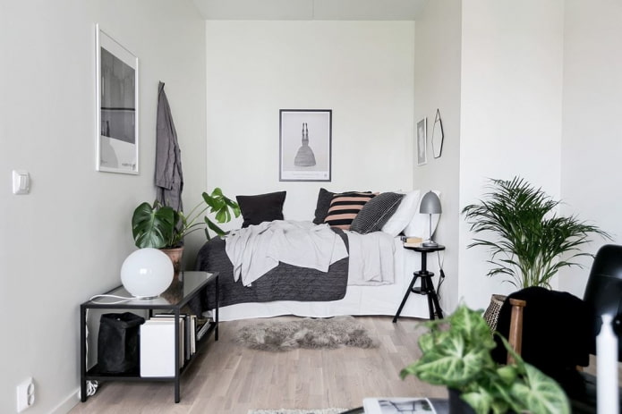 Camera da letto in stile scandinavo, cuscini