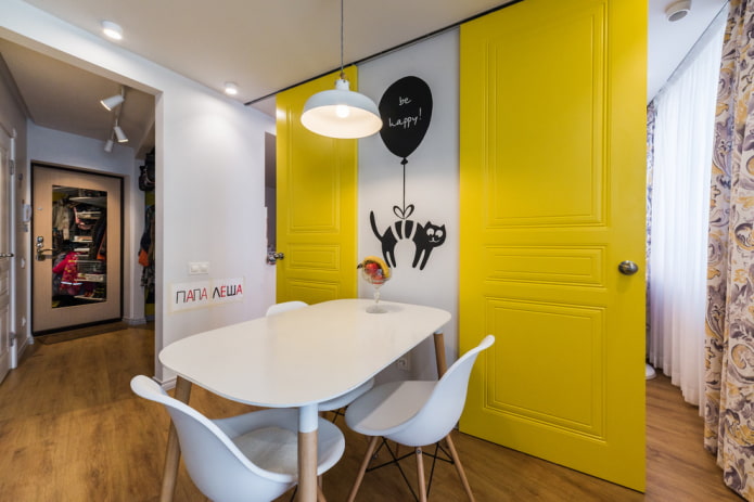 combinazione di colori di porte e pavimenti nell'interno della cucina