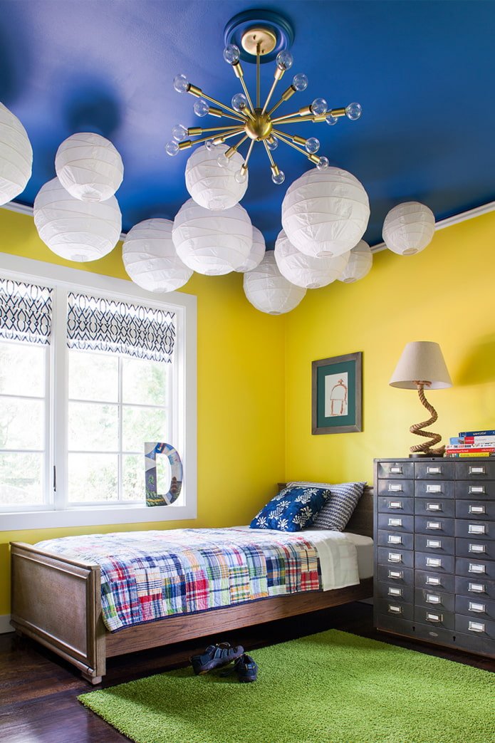 una luminosa cameretta per bambini con un soffitto blu