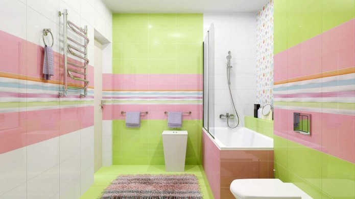bianco, verde chiaro, rosa e blu nella decorazione del bagno