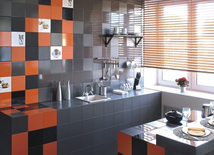 nero, bianco, grigio e arancione nella decorazione della cucina