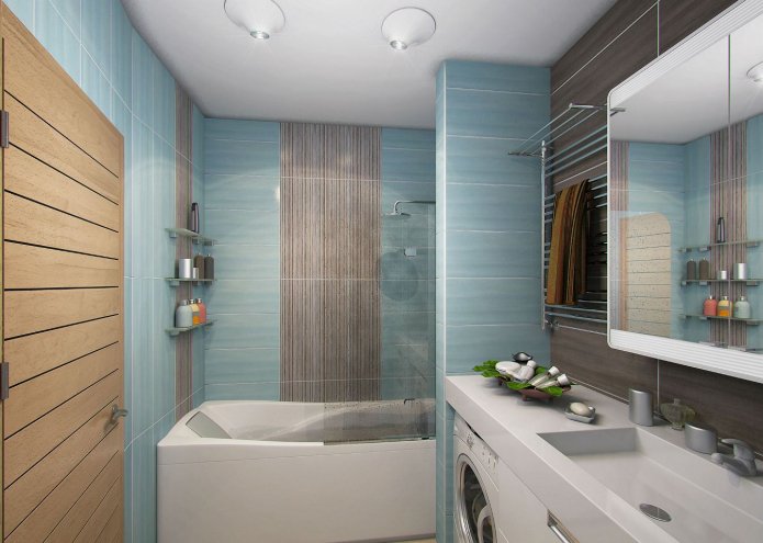 colore blu, beige e grigio-marrone nella decorazione del bagno