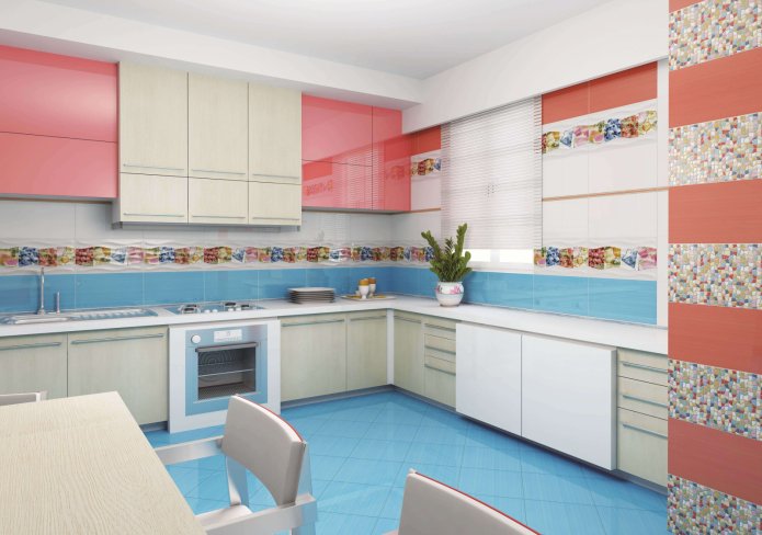 strisce a fantasia in una cucina bianca, pesca e blu