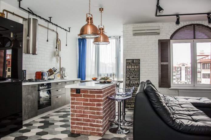 Progetto cucina-soggiorno con bancone bar con base in mattoni