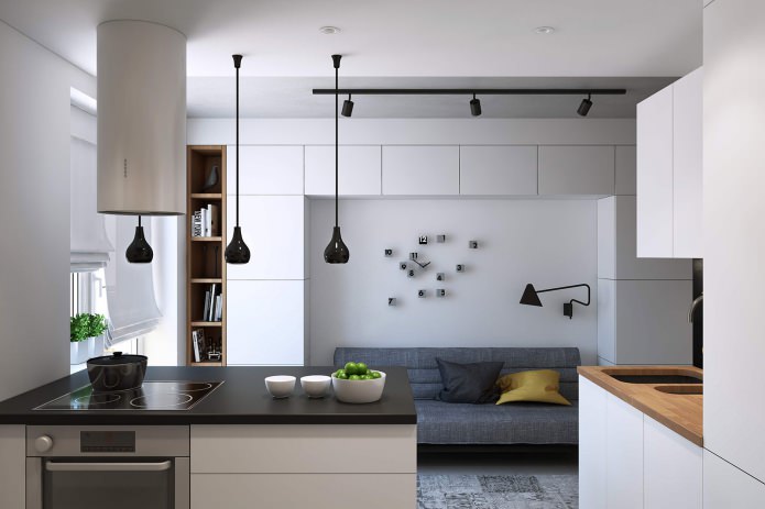 Progetto cucina-soggiorno in un monolocale di 43 mq.