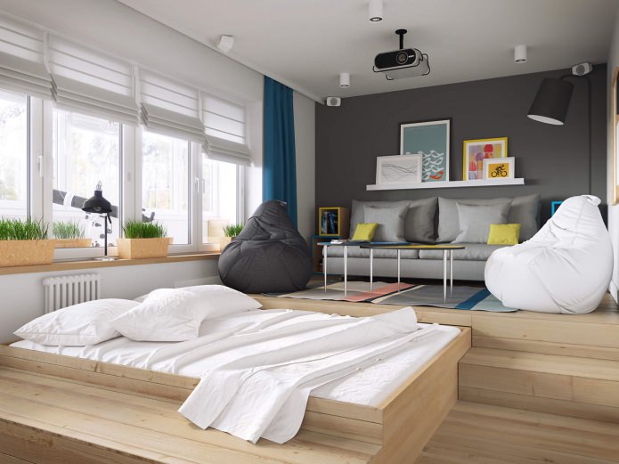 soggiorno-camera da letto nel progetto di un monolocale di 37 mq.