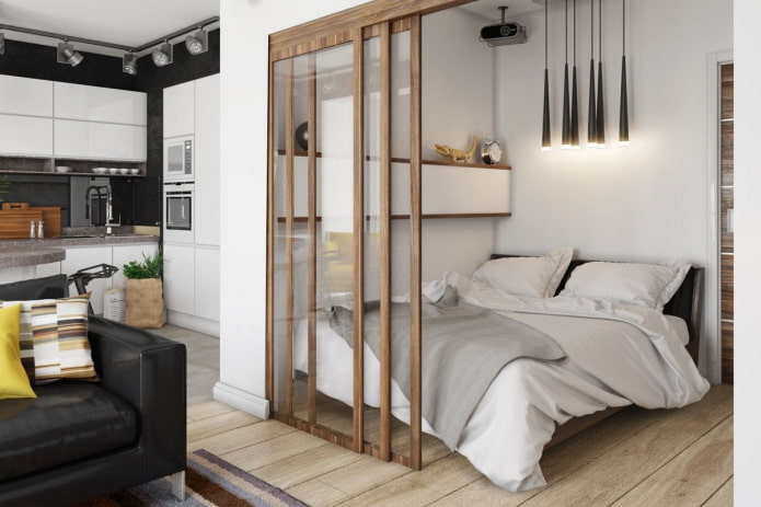 porte scorrevoli all'interno della cucina-camera da letto
