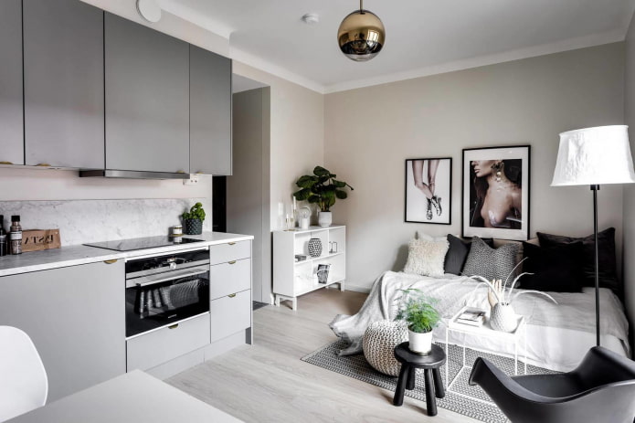 interno di una piccola cucina-camera da letto