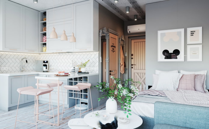 design degli interni cucina-camera da letto