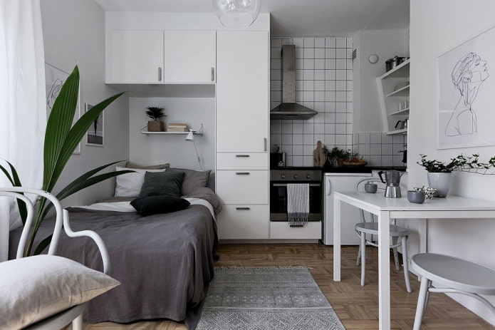 interno di una piccola cucina-camera da letto