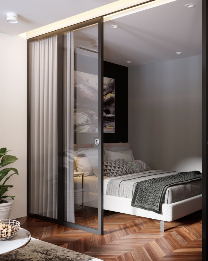 parete divisoria in vetro nella camera da letto