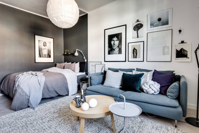 zonizzazione del colore all'interno della camera da letto-soggiorno