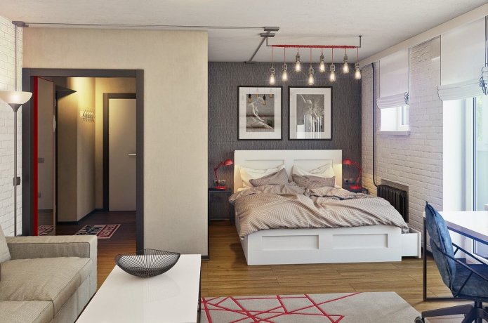 zonizzazione del colore all'interno della camera da letto-soggiorno