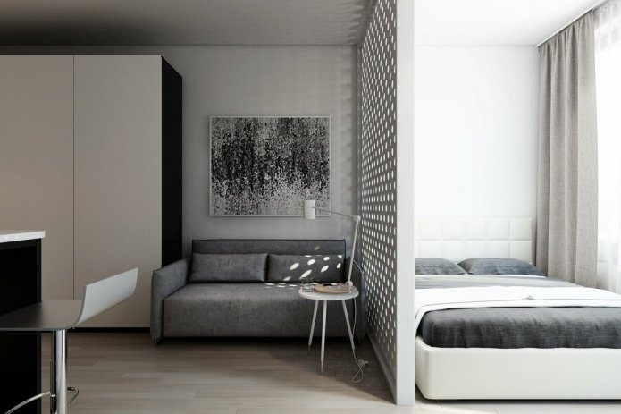 Interni camera da letto-soggiorno in stile minimalista