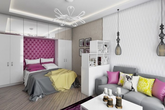 zonizzazione con finitura all'interno della camera da letto-soggiorno