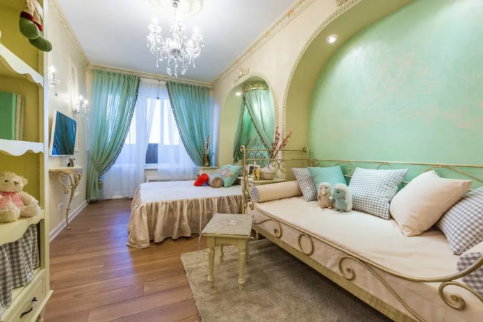 zonizzazione visiva di una camera da letto e di una cameretta combinate