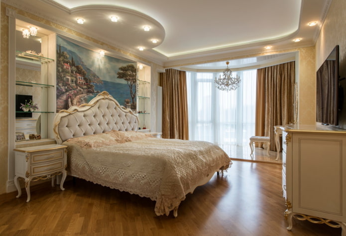 decorazione e illuminazione nella camera da letto combinate con una loggia
