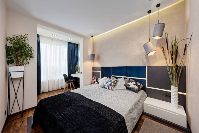 decorazione e illuminazione nella camera da letto combinate con una loggia