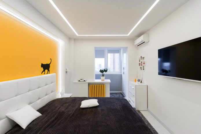design degli interni di una camera da letto abbinata a una loggia