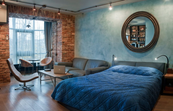 camera da letto con balcone in stile loft